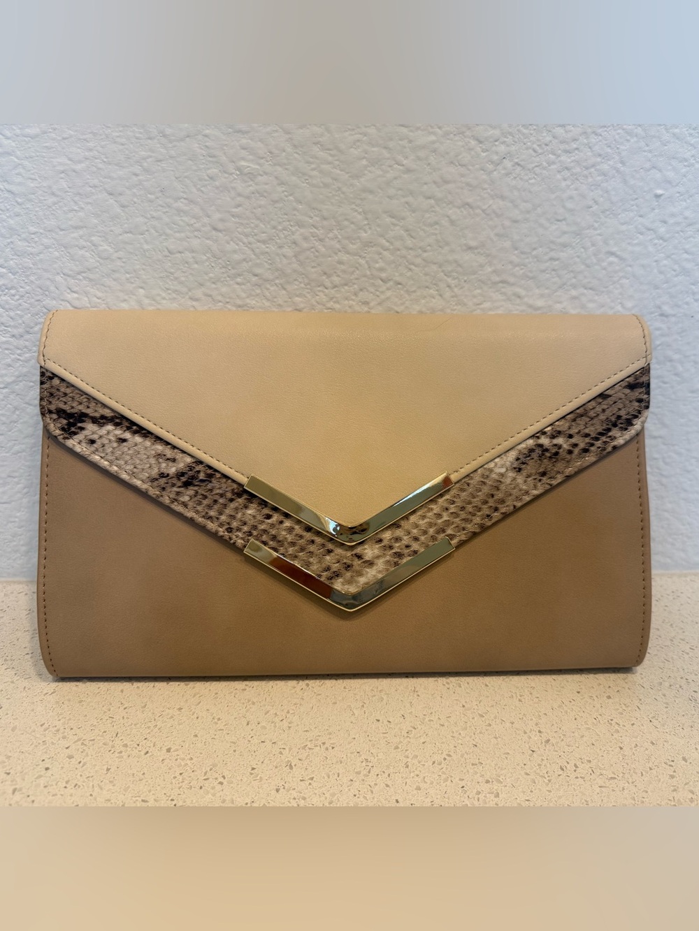 Mix No. 6 Beige and Taupe Envelope Clutch with Snake-Effect Trim